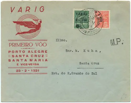 Brasilien 1931 First Flight Erstflug Varig Porto Alegro Santa Cruz/1350