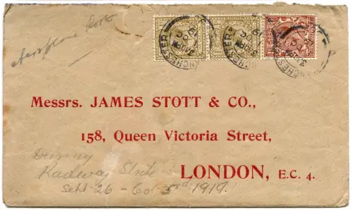 GB 1919 Emergency Airmail Service Manchester London Railway Strike Cover / 1213