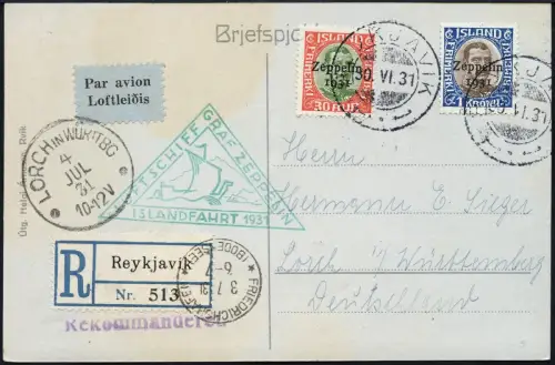 Zeppelin Island 1931 Islandfahrt Reko-AK 1 Kr + 30 Aur Si 114 B / 2513