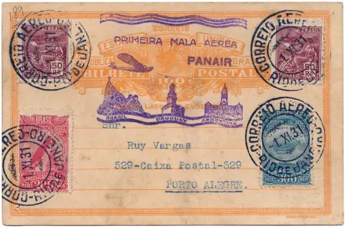 Brasilien 1931 First Flight Erstflug Panair Rio - Porto Alegre Postkarte / 1369
