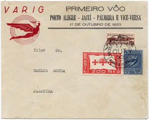 Brasilien 1933 First Flight Erstflug Varig Porto Alegre - Palmeira Brief / 1370