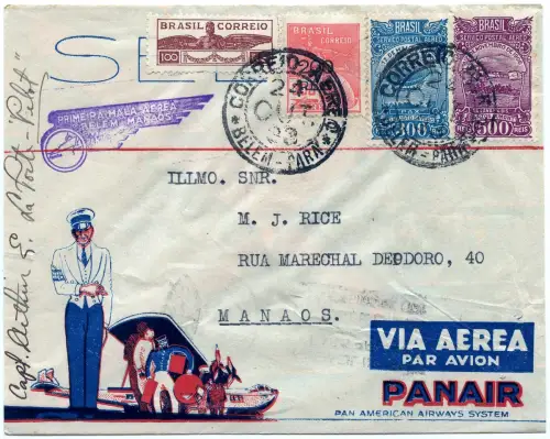 Brasilien 1933 First Flight Erstflug Brief Panair Belem - Manaos Signiert / 1373