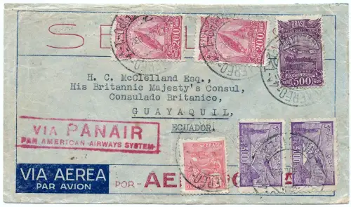 Brasilien 1932 Flugpostbrief Panair Rio - Porto Alegre - Guayaquil Ecuador /1377