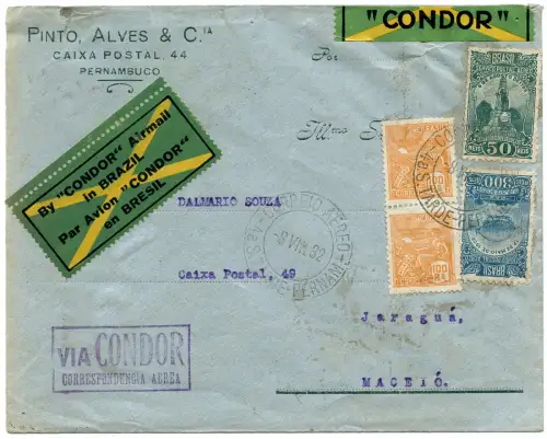 Brasilien 1932 Flugpostbrief Condor Pernambuco Jaragua Maceio / 1377