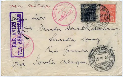 Brasilien 1931 Flugpostbrief Aeropostale Recife Porto Alegre Santa Cruz / 1379