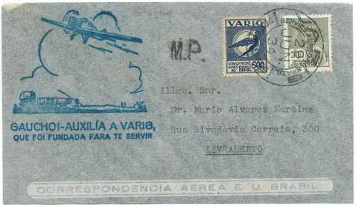 Brasilien 1934 VARIG Luftpost-Brief MiF V 27 Livramento 29.6.1934 / 1380