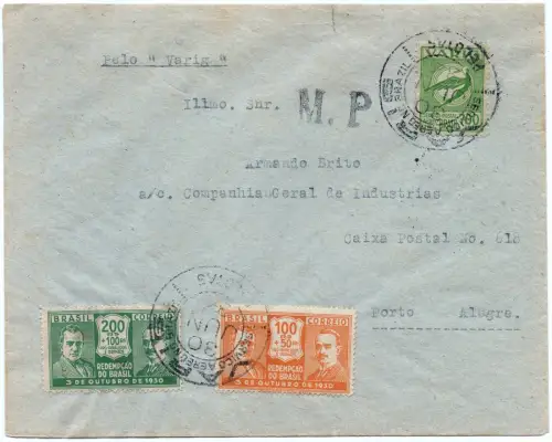 Brasilien 1934 VARIG Luftpost-Brief MiF V 38 Pelotas Porto Alegre Letztag / 1381