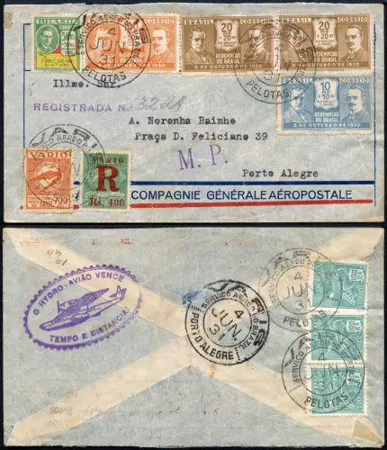 Brasilien 1931 VARIG Luftpost Reko-Brief MiF V 3 Pelotas Porto Alegre / 1387