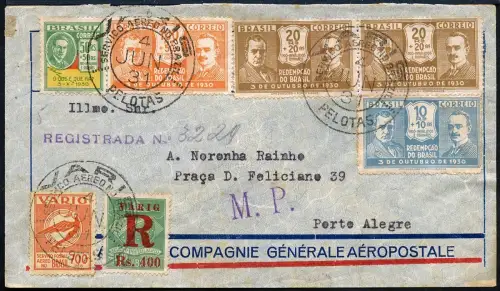 Brasilien 1931 VARIG Luftpost Reko-Brief MiF V 3 Pelotas Porto Alegre / 1387