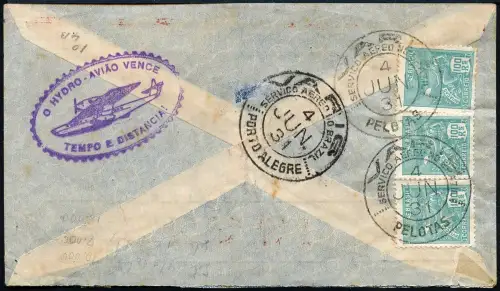 Brasilien 1931 VARIG Luftpost Reko-Brief MiF V 3 Pelotas Porto Alegre / 1387