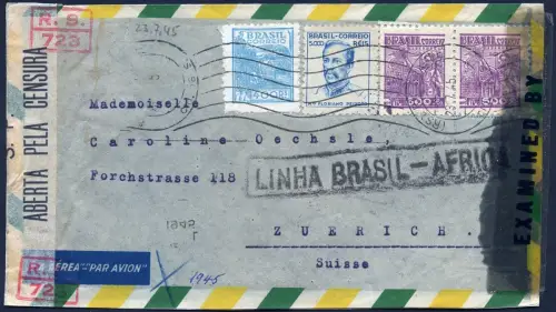 Brasilien 1945 Flugpost Brief aus Rio Grande Zürich Schweiz Zensur 2x / 1388