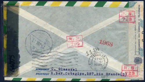 Brasilien 1945 Flugpost Brief aus Rio Grande Zürich Schweiz Zensur 2x / 1388