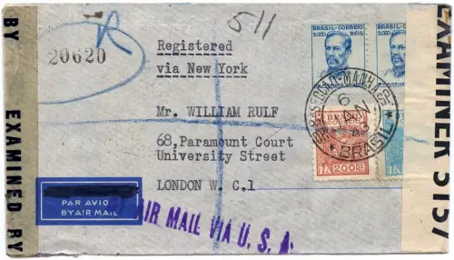 Brasilien 1943 Flugpost Reko-Brief Sao Paulo Miami NY USA London 2x Zensur/ 1392
