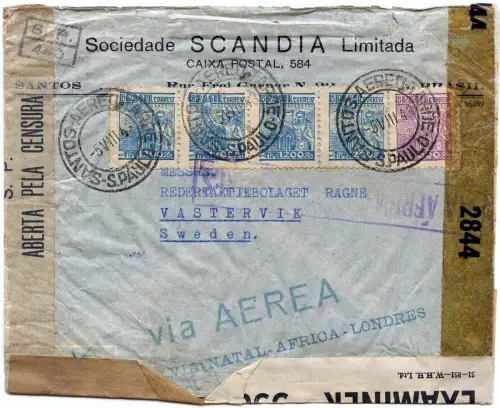 Brasilien 1943 Flugpost Brief Sao Paulo Afrika London Schweden 3x Zensur / 1393