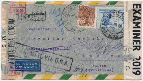 Brasilien 1944 Flugpost Reko-Brief Rio Grande USA Schweiz 3x Zensur OKW/ 1395