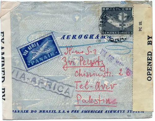 Brasilien 1943 Flugpost Sao Paulo USA Lissabon Afrika Palästina Zensur/1396