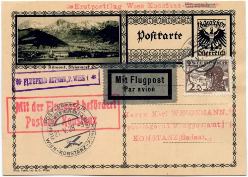Österreich 1928 First Flight Erstflug Karte Wien Konstanz Zürich / 1398