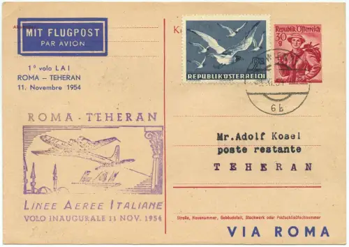 Österreich 1954 First Flight Erstflug Karte ZuF Vögel Wien Rom Teheran / 1399