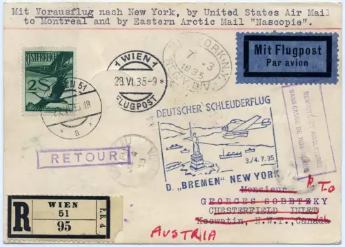 Katapult 1935 Österreich Reko-Karte NY Kanada Arktispost H 196 Catapult / 1400
