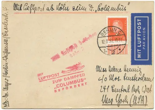 Dt. Reich 1932 Nachbringeflug Köln Dampfer Columbus New York Postkarte EF / 1402