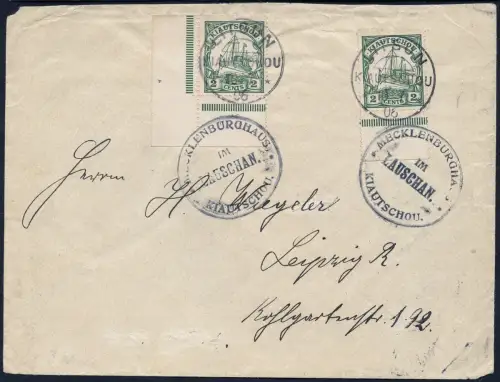 Kiautschou 1906 Brief ° Mecklenburghaus Litsun 10.7.06 MeF 2x 2c Leipzig / 123