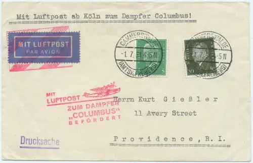 Dt. Reich 1931 Nachbringeflug Köln Dampfer Columbus Providence USA Brief / 1401