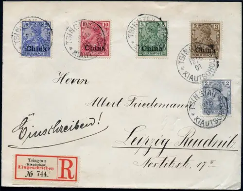 Kiautschou 1901 Reko-Brief Frankatur DP China + Mitläufer Tsingtau Leipzig / 134