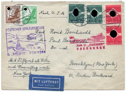 Katapult 1935 Dt. Reich Berlin Nachbringeflug Köln USA Catapult H 185 c / 1405