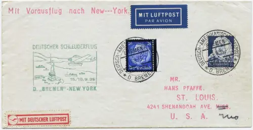 Katapult 1935 Dt. Reich Brief MiF Seepost St. Louis USA Catapult H 213 b / 1406