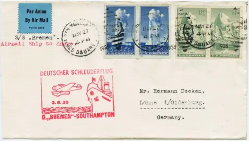 Katapult 1935 USA Brief NY Landpost Bremen MiF Lohne Catapult H 190 a / 1408