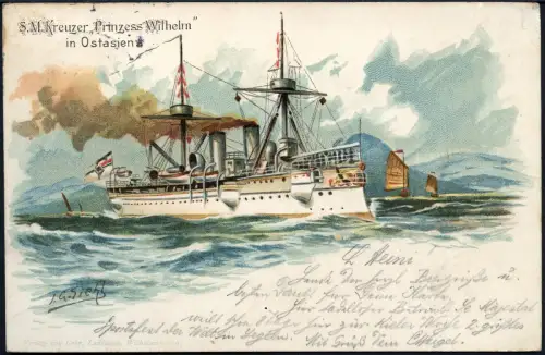 Kiautschou 1898 AK Litho SM Kreuzer Prinzess Wilhelm in Ostasien Colmar / 153
