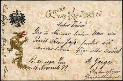 Kiautschou 1899 Prägekarte V 2 Tsintau a 23/1/99 aus Litsun nach Augsburg / 158