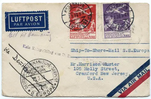 Katapult 1930 Dänemark Kein Katapultflug Seepost Kopenhagen New York H 0026/1414