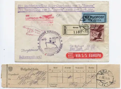 Katapult 1934 Österreich Brief Nachbringeflug Köln New York Catapult H 174/ 1415