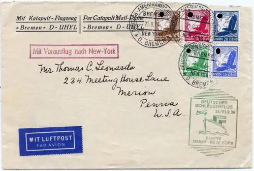Katapult 1934 Dt. Reich Brief NDL Seepost Merion USA Catapult H 173 b / 1418