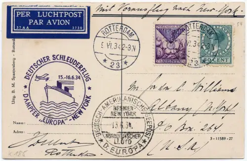Katapult 1934 Niederlande AK Rotterdam Seepost Albany USA Catapult H 185 b/ 1421