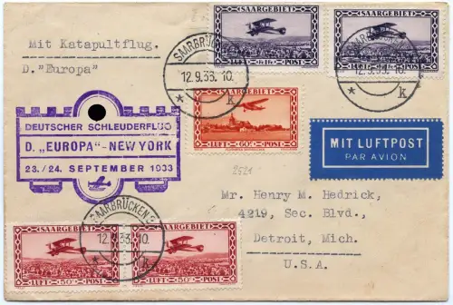 Katapult 1933 Saargebiet Brief Saarbrücken Detroit USA Catapult H 145 a / 1422