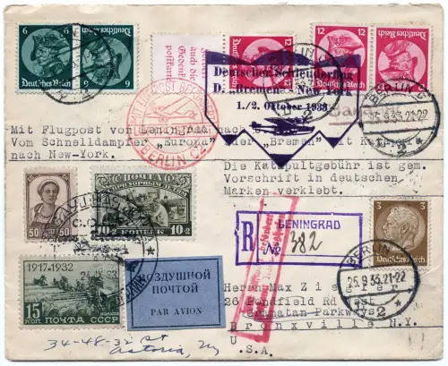 Katapult 1933 Russland Reko-Brief Leningrad Berlin NY Catapult H 147 a / 1424