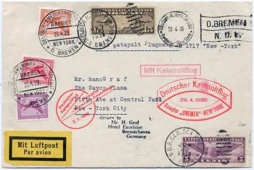 Katapult 1930 Dt. Reich/USA Kombi-Brief Seepost Catapult H 10 b + 17 b / 1425