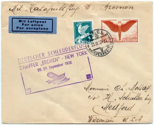 Katapult 1932 Schweiz Brief Basel Medford USA Catapult H 110 a / 1434