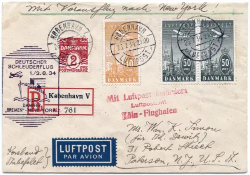 Katapult 1934 Dänemark Reko-Brief Nachbringeflug USA Catapult H 169 c / 1440