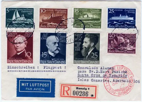 Katapult 1939 Danzig Reko-Brief Lufthansa FFM - Las Palmas Satzfrankatur / 1441