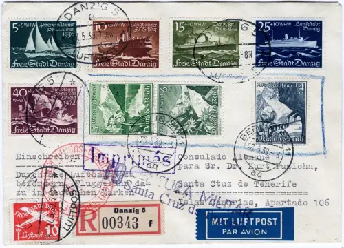 Katapult 1939 Danzig R-Brief MiF Dt. Reich Lufthansa FFM Las Palmas Zensur/ 1441