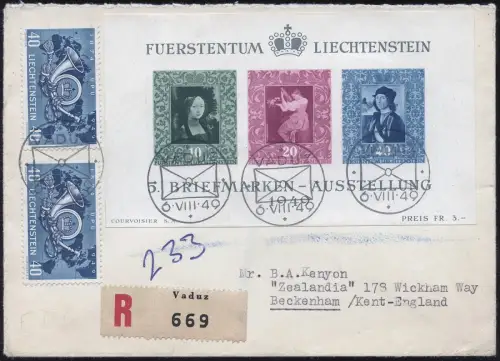 Liechtenstein 1949 Reko-FDC mit ZuF Block 5 Gemälde Beckenham England / 1447