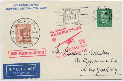 Katapult 1930 Dt. Reich IPOSTA Hand + Maschinenstempel USA Catapult H 33 a/ 1458