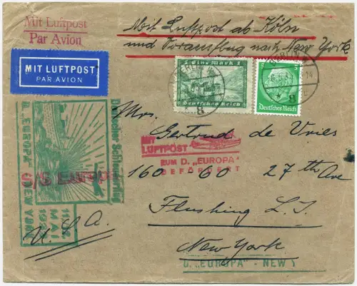 Katapult 1933 Dt. Reich Nachbringeflug Köln Europa USA Catapult H 113 c/ 1462