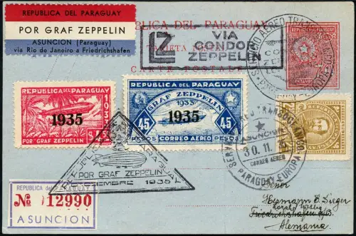 Zeppelin 1935 Paraguay 16. SAF/Rückfahrt Reko-Ganzsache Deutschland Si 343/ 2516