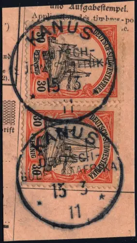 DSWA 1911 Michel 16 2x ° Kanus 15/3/11 Luxus Briefstück/Postanweisung / 149