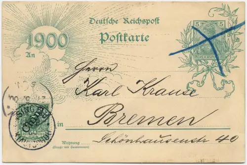 Kiautschou 1900 Jahrhundertkarte P 43 Tsingtau 16.4.00 V 2 II nach Bremen / 210