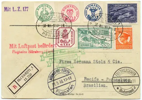 Zeppelin 1933 Rumänien 2. SAF Bukarest Nürnberg-Fürth Brasilien Si 214 / 2514